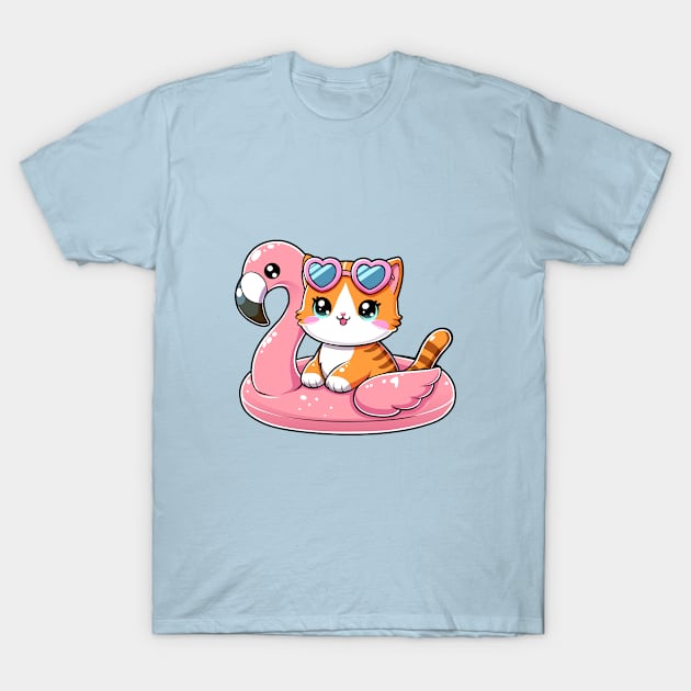 Cute Cat with Flamingo Buoy T-Shirt by Arief Uchiha